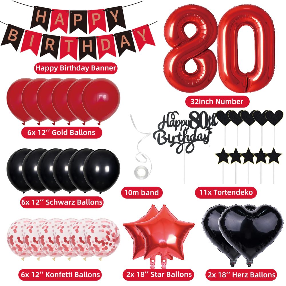 80th Birthday Decorations Man Women Decoration Gift for 80th Birthday Cake Decoration 80th Birthday Women Happy Birthday Banner Red Black Decoration Set 80 Years Birthday Decoration Number 80 Party - Image 13