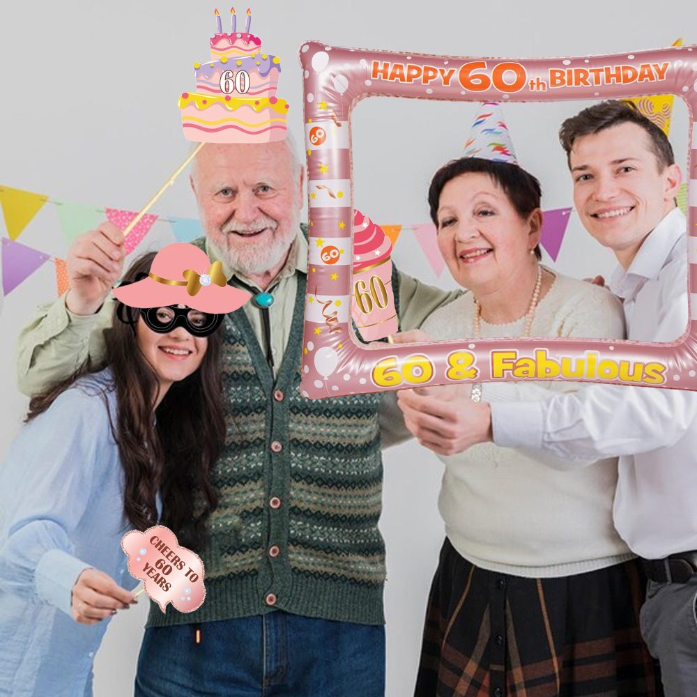 Rose Gold 60th Photo Props - 34 Pieces 60th Photo Booth Props Rose Gold Inflatable Selfie Frame 60th Birthday Photo Booth Props for Women Men 60th Birthday Party Supplies 60th Birthday Gift - Image 4