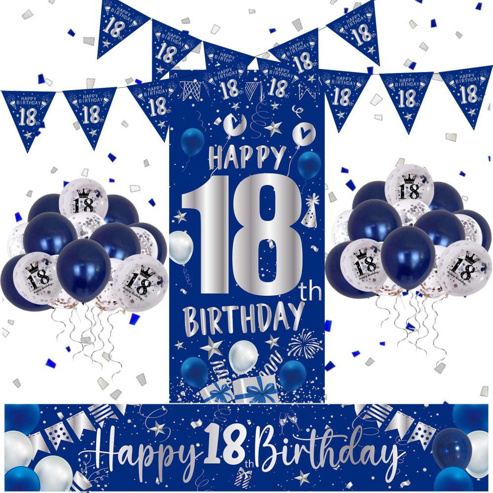 18th Birthday Decorations for Boys Girls Blue and Silver Happy 18th Birthday Banner 18th Birthday Balloons Happy Birthday Backdrop Door Banner Triangle Flag Confetti Balloons 18th Party Supplies