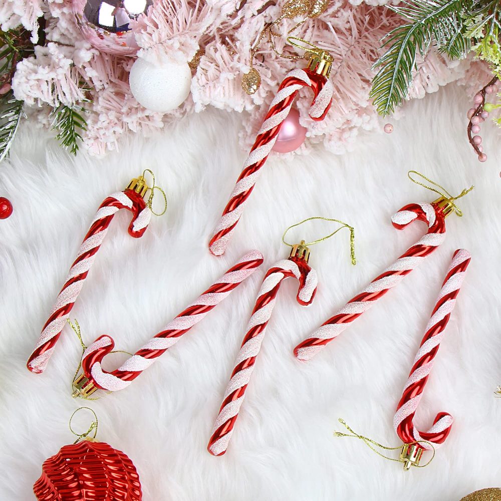 DERAYEE 6 PCS Christmas Glitter Candy Cane Plastic Candy Cane Christmas Tree Decorations for Xmas New Year Party Supplies (Red & White) - Image 4