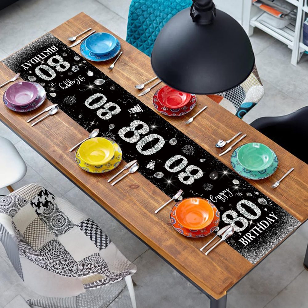 Happy 80th Birthday Table Runner Black Silver 80th Birthday Table Runner for Men Women Him Her 80 Years Old Birthday Celebration Party Decorations Non-Slip Dining Table Linen Cloth Decor 180x35cm Long - Image 3