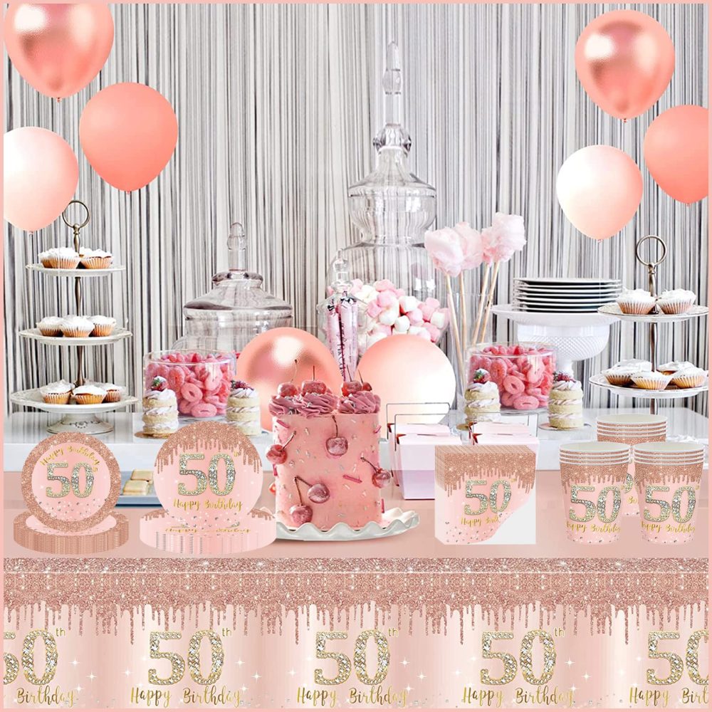 16pcs Rose Gold 50th Birthday Paper Plates 7inch 50th Party Table Decor,50th Women Birthday Party Paper Plates 7" Tableware,Happy 50th Birthday Tableware Plate for Her,Women,50th Party Supplies - Image 2