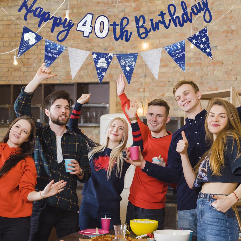 Happy 40th Birthday Banner Blue Happy Birthday Triangle Flag Banner Party Decorations Bunting Flags Party Supplies Decoration 40th Birthday Banners for Men Women A8LSLQZH (40) - Image 3