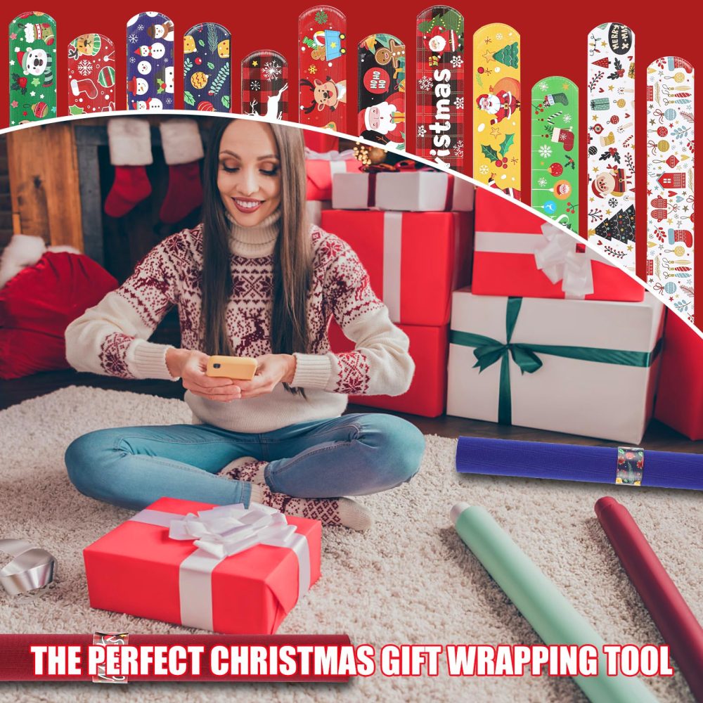 XIHIRCD 24pcs Christmas Wrapping Paper Roll Holder Clips, 8.7x1.2in Holiday Flip Wraps 12 Designs Gift Wrap Buddies Clamps Strips Flip Stabilizer Slap Bands Tool for Xmas Gift Organization Storage - Image 2