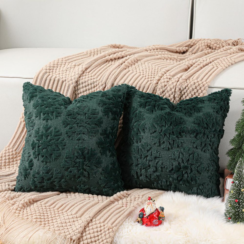 Lewondr Christmas Throw Pillow Cover 20x20, Set of 2 Super Soft Faux Fur Throw Pillow Covers Velvet 3D Snowflakes Embroidery Decorative Throw Pillowcase for Living Room Bed Couch Home Decor, Green - Image 6