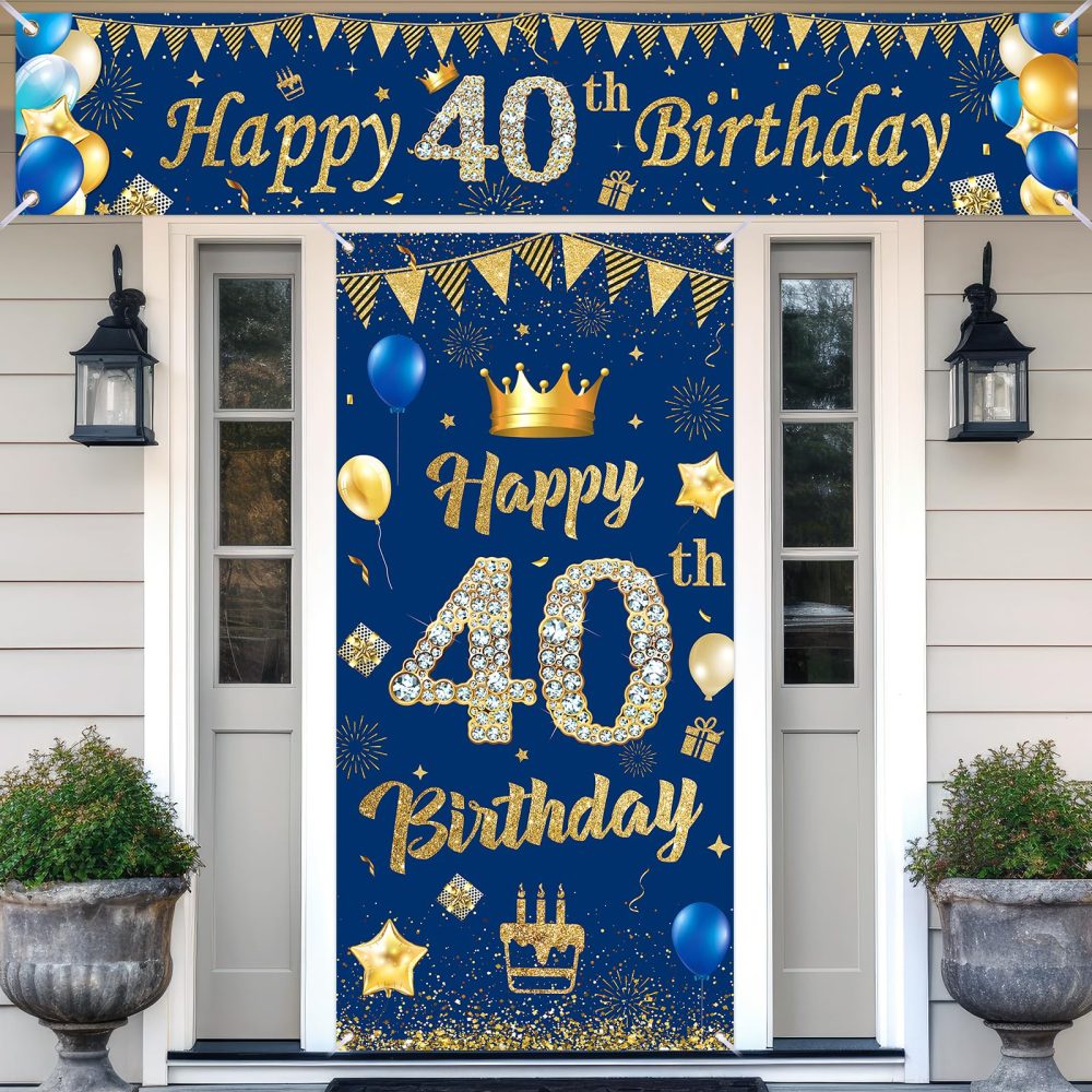 Blue 40th Birthday Decorations for Men Women, Navy Blue Gold Happy 40th Birthday Banner and 40th Birthday Door Banner for 40 Years Old Men Women Anniversary Birthday Party Supplies Porch Sign Decor