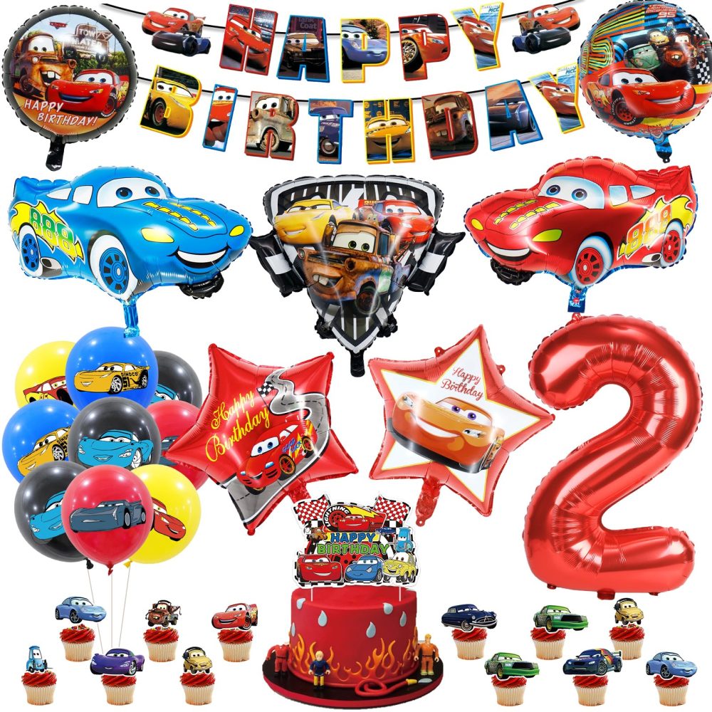 42PCS Car Birthday Decorations, Car Balloons Party Decorations, Auto Theme Birthday Party Supplies Balloons With Banner Cake Topper Racing Cars Balloons for 2th Kids Birthday Party