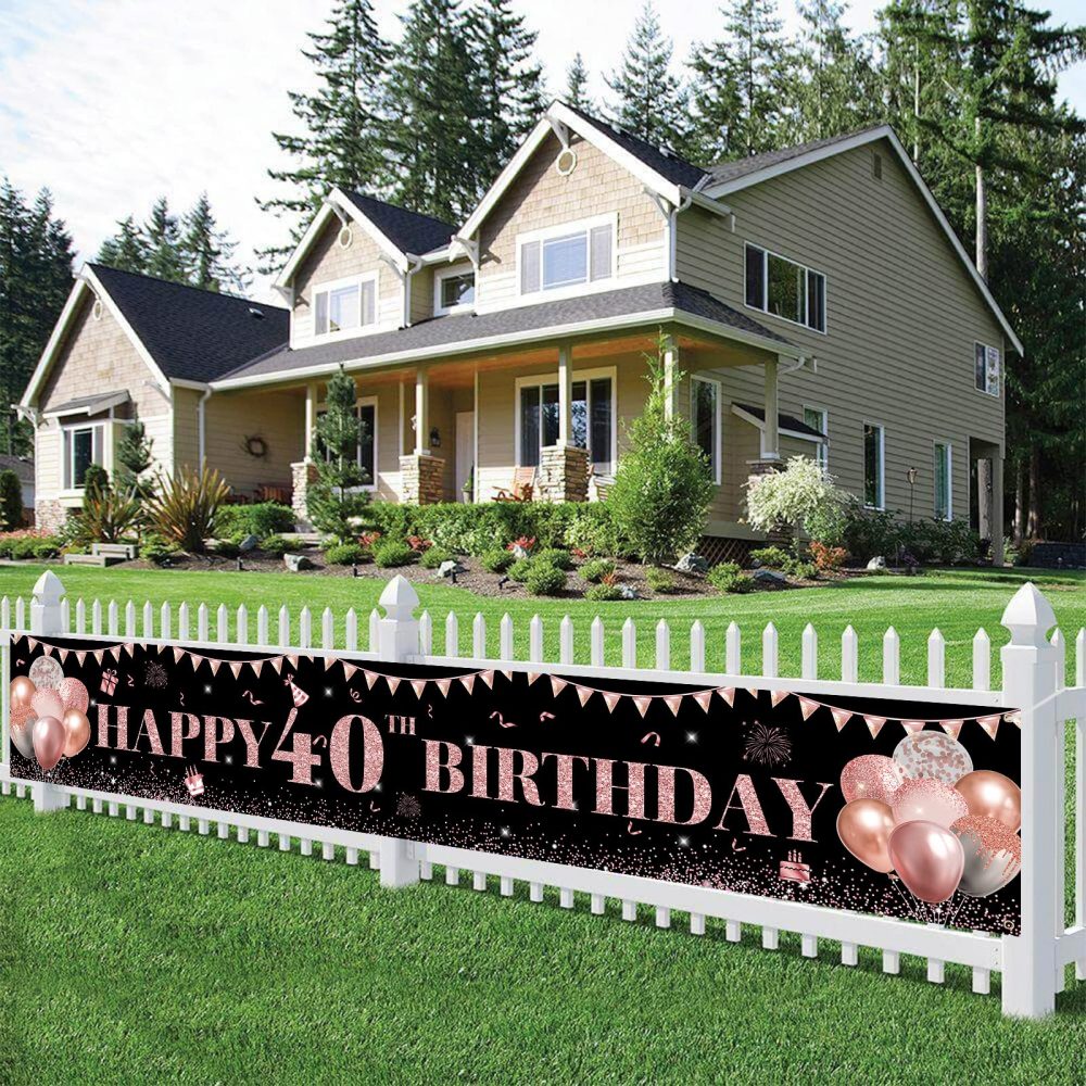 TUTUXMA Large Happy 40th Birthday Banner Black and Rose Gold Yard Sign Birthday Banner for Women Girl 40th Birthday Photo Backgroud Party Indoor Outdoor Decorations Supplies 118 × 19.6 Inch - Image 5