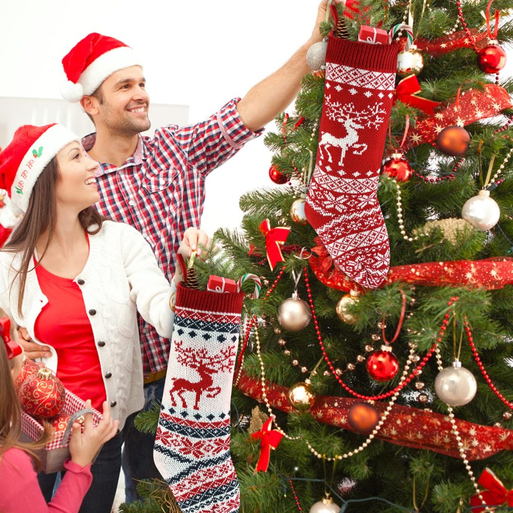 Feelava 46CM Knit Christmas Stocking 18inch Reindeer Knitted Xmas Stocking Boot Xmas Ornaments Bag Traditional Hanging Bags for Family Holiday Party Decorations,2 Pack - Image 3