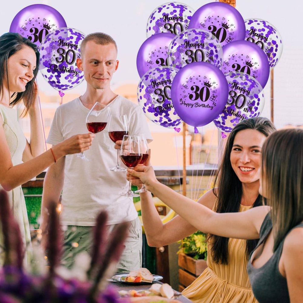 30th Birthday Balloons 18Pcs Purple Happy 30th Birthday Balloons Confetti Balloons Purple 30th Birthday Party Decorations Balloons for Women Men 30th Anniversary Birthday Decor Supplies 12 inches - Image 3