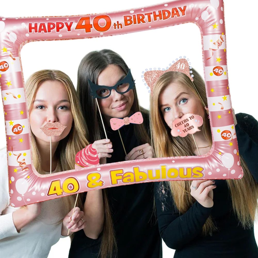 Rose Gold 40th Photo Props - 34 Pieces 40th Birthday Decorations Rose Gold Inflatable Selfie Frame 40th Birthday Photo Booth Props for Women Men 40th Birthday Party Supplies - Image 3