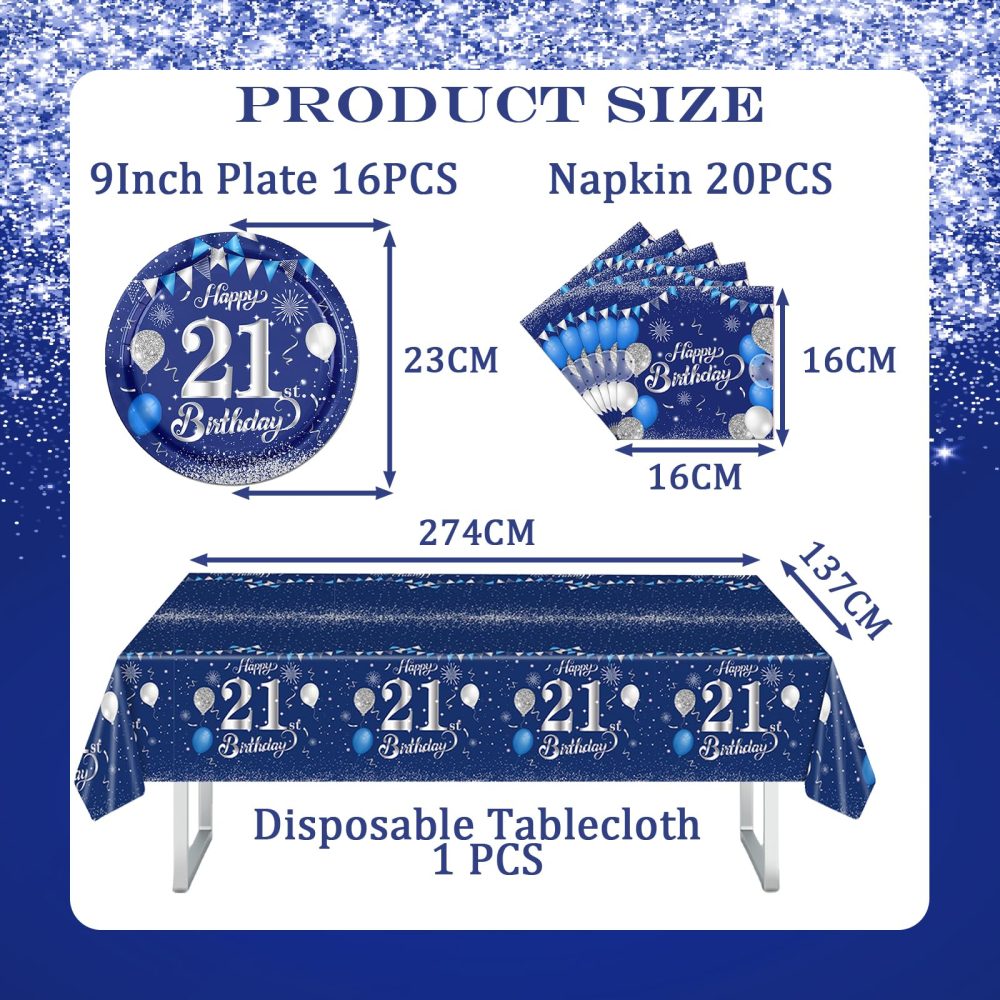 Navy Blue Silvery 21st Birthday Party Tableware,Blue 21st Birthday Tableware Set with 16P Paper Plates,20P Napkins,21th Table Cloth for Women Men Birthday Party Table Decorations（16Guest） - Image 4
