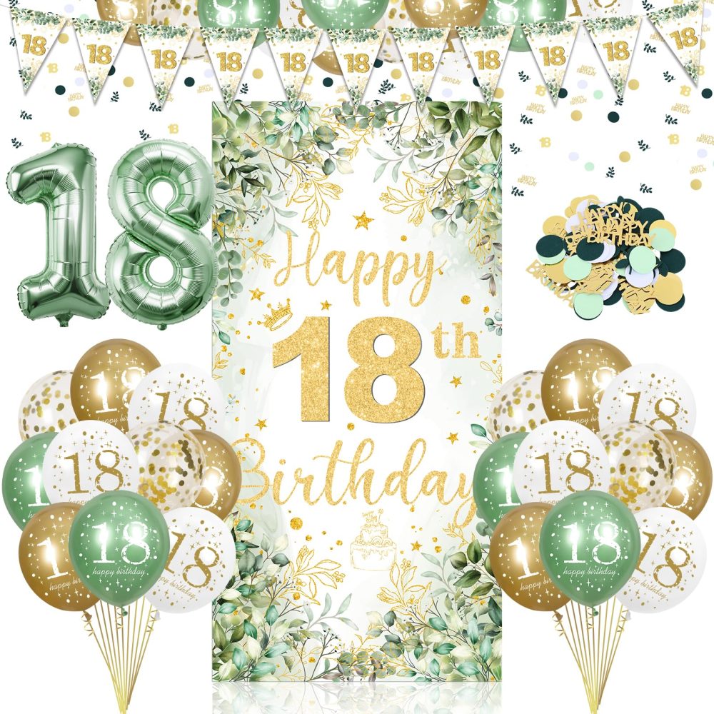 18th Birthday Party Decorations for Girls Boys, Sage Green Happy 18th Birthday Decorations Green Gold 18th Birthday Door Banner Number 18 Foil Balloons for 18 Year Old Birthday Party Decor Supplies