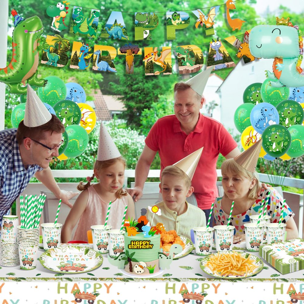 YIMAKJ Dinosaur Birthday Party Tableware Set, Party Supplies Tableware Set, Dinosaur Party Decorations Set With Party Paper Plate Cups Napkins Straws Children's Birthday Decorations for Boys and Girls - Image 3