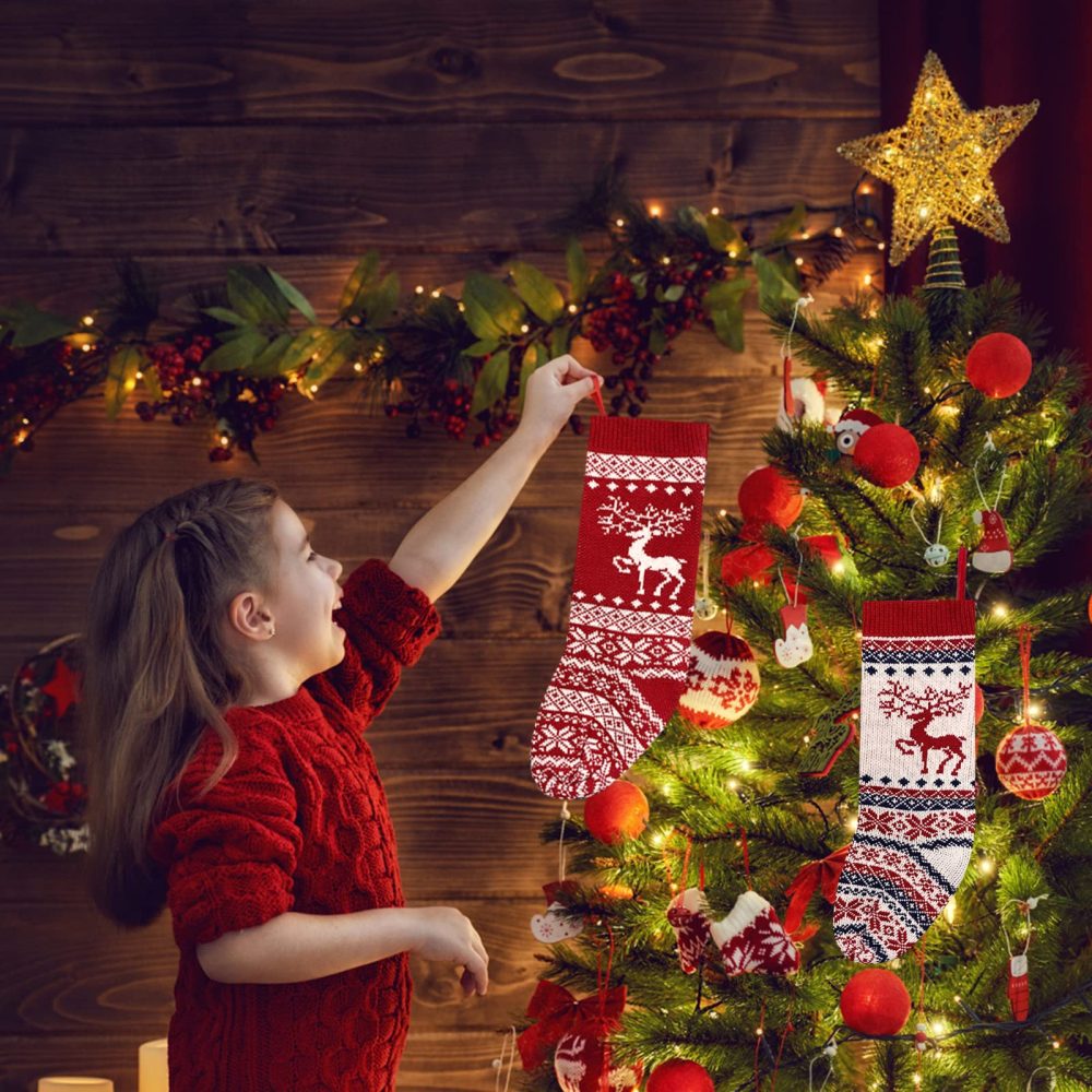 Knitted Christmas Stockings Set of 2, 18 inch Large Christmas Stocking Personalised Knitted Xmas Stocking Hanging for Fireplace Christmas Tree Decorations Sack, Santa and Reindeer Theme Gift Bags - Image 6