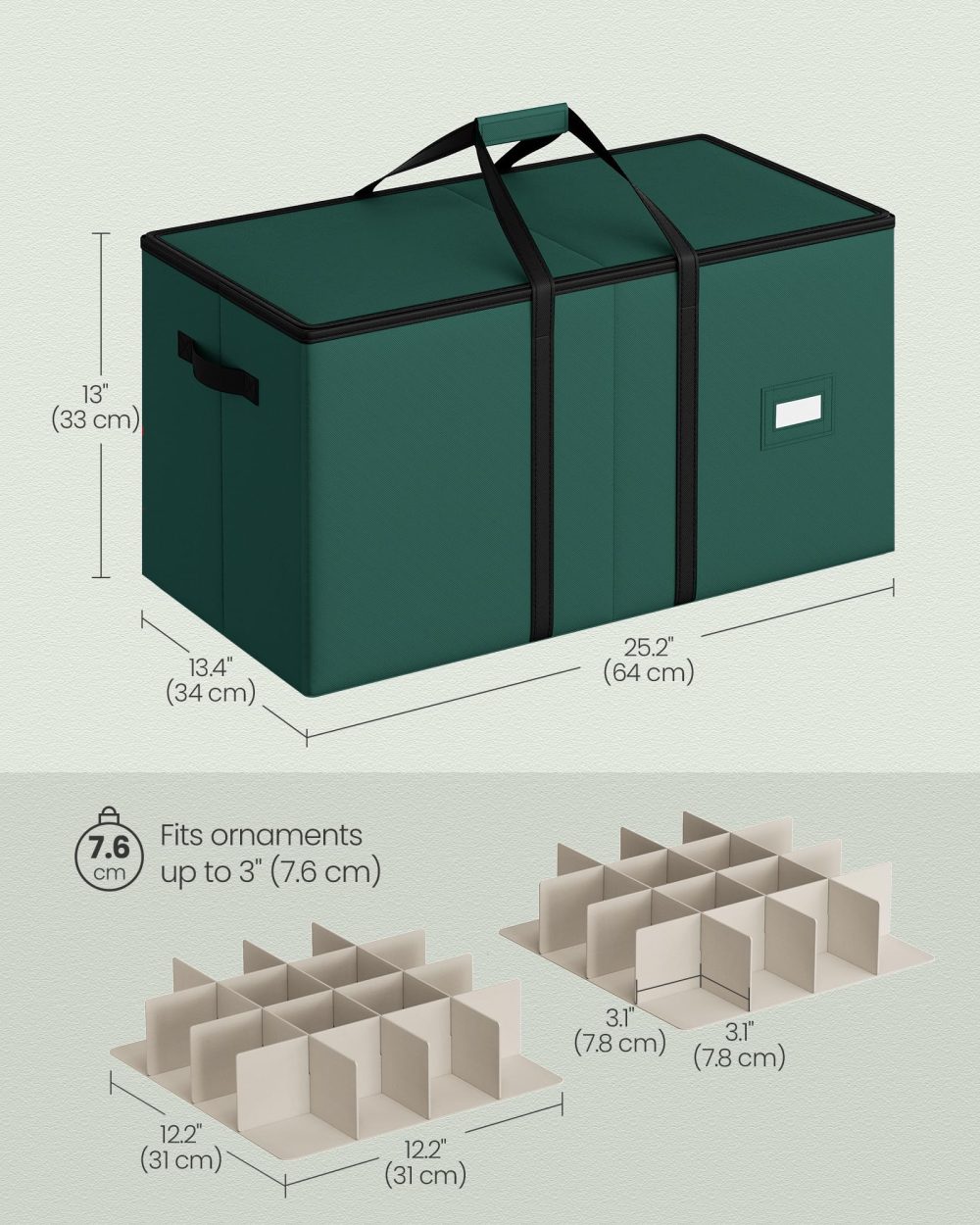 SONGMICS Christmas Decoration Storage Box, 7.6 cm 128 Slots, Stackable Christmas Bauble Storage Box with Lid, Dual Zippers, Adjustable Dividers, Non-Woven Fabric, Forest Green RFB039C01 - Image 2