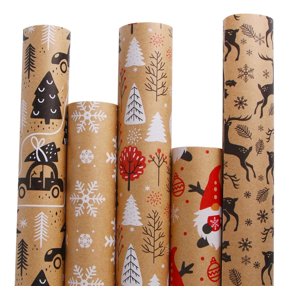 VEYLIN Christmas Wrapping Paper - Kraft Paper - 5 X 3M Xmas Wrapping Paper Rolls for Gift Boxes Festival Decoration (43.2cm x 15M)
