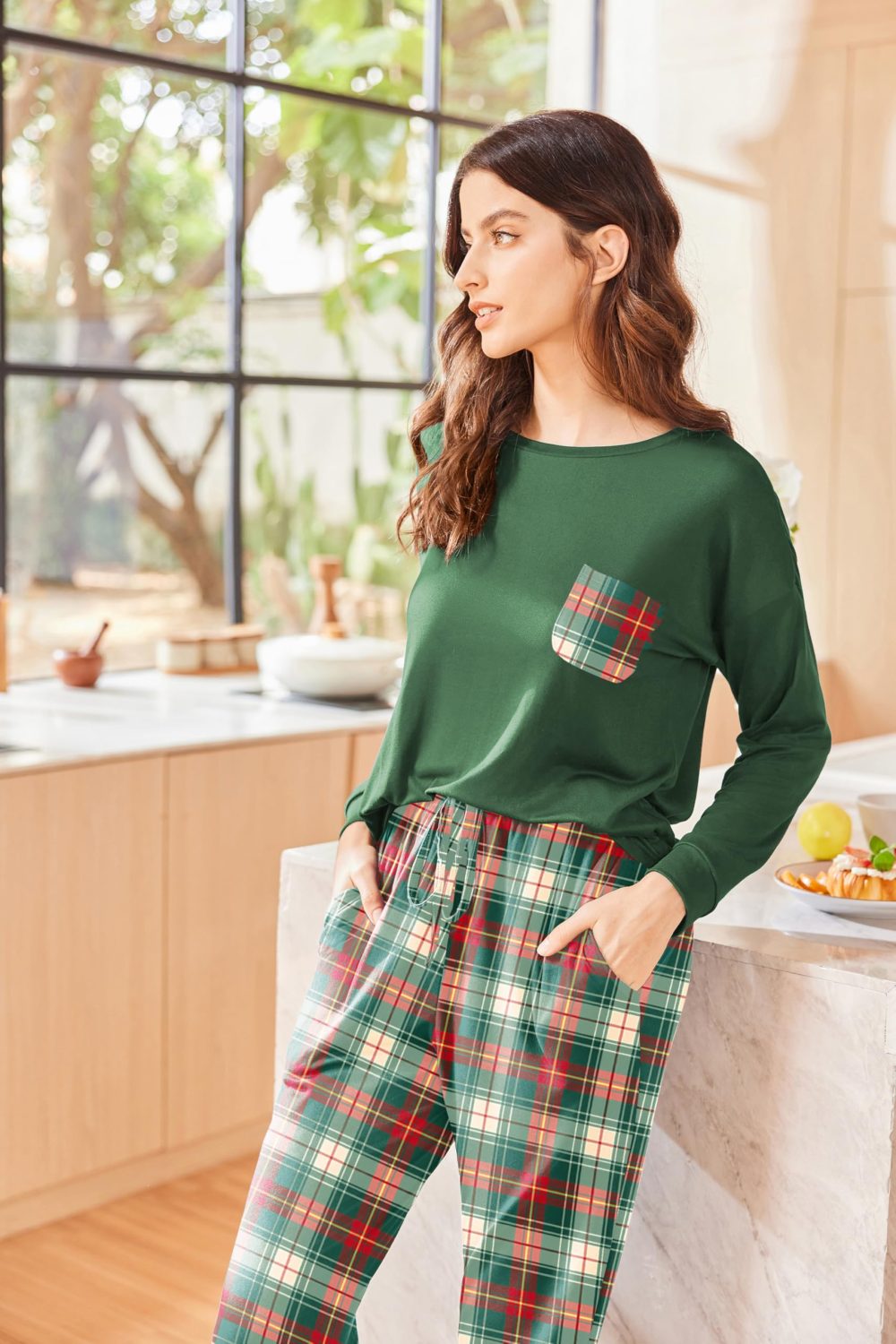 Ekouaer Ladies Plus Size Winter Pjs Fall Colours Plaid Womens Pyjamas Soft Cotton Lounge Set Loungewear, Green Plaid, L - Image 4