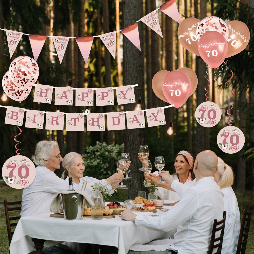 Blue Planet Fancy Dress 70th Birthday Decorations 20Pcs, Rose Gold Party, Pink & Floral Balloons, Flag Bunting, Floral Banner & Hanging Decorations for Girls and Women - Image 5