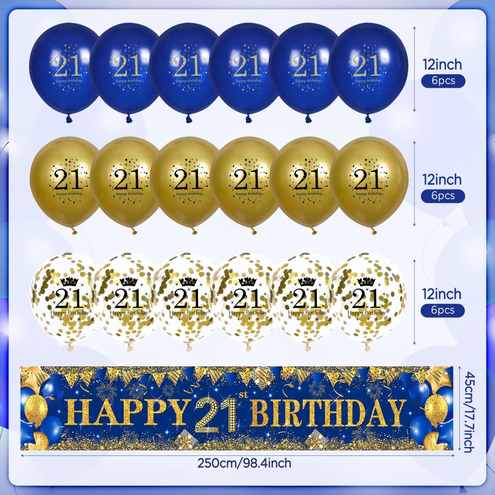 Blue Gold 21st Birthday Decorations for Boys Girls, Navy Blue Gold Happy 21st Birthday Yard Banner and 18pcs Birthday Balloons for 21st Anniversary Birthday Party Supplies Indoor Outdoor Yard Decor - Image 5