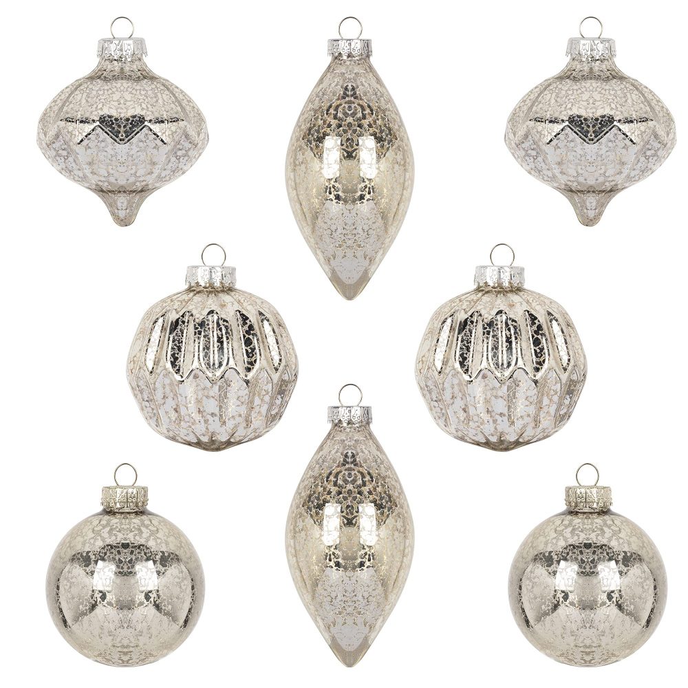 KI Store Mercury Glass Christmas Tree Decorations Champagne Silver Set of 8 80mm 120mm Hanging Christmas Baubles Finials for Christmas Tree Decoration Holiday Décor