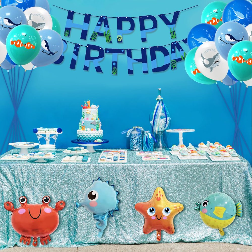 CIOUYAOS Under The Sea Party Decorations Kit, Party Supplies Ocean Theme 26pcs Balloons Banner set, Blue Marine Animal Dolphin Octopus Clown Fish Foil Balloons For 1st 2nd Boys Girls Kids Birthday - Image 3