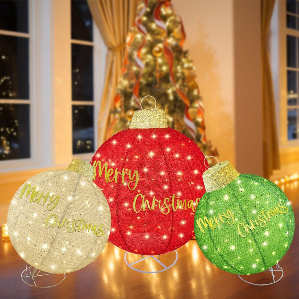 HOYECHI 3pc Lighted Pop-Up Outdoor Christmas Ornament Set – Holiday Ball Decorations with 290 LED Lights, 8 Lighting Modes, for Yard & Outdoor Christmas Decor - Red/Green/Gold - Image 3
