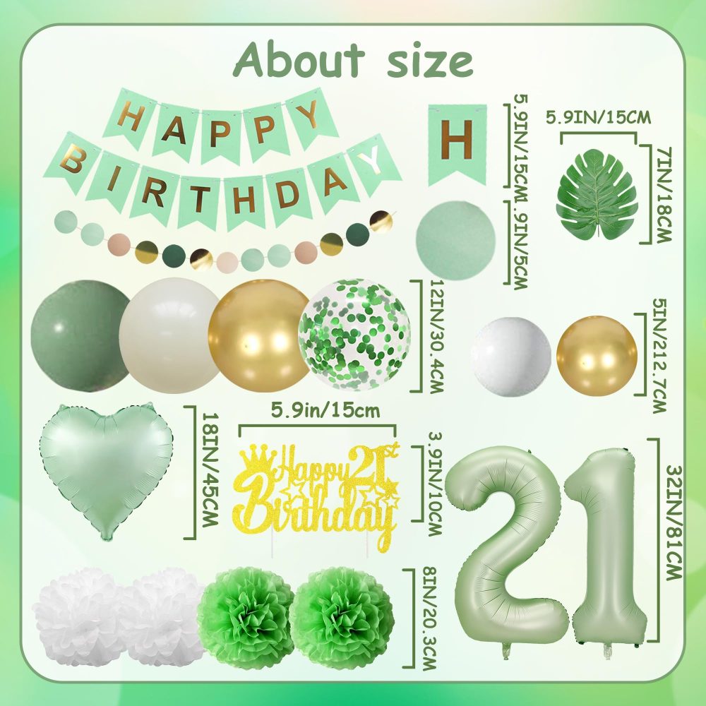 Sage Green 21st Birthday Decorations - 103 Pieces Green Gold Decoration, Happy Birthday Banner, Numbers 21 Foil Balloon, Paper Pompoms, Garland, Cake Topper, For Women Men 21st Birthday Supplies - Image 6