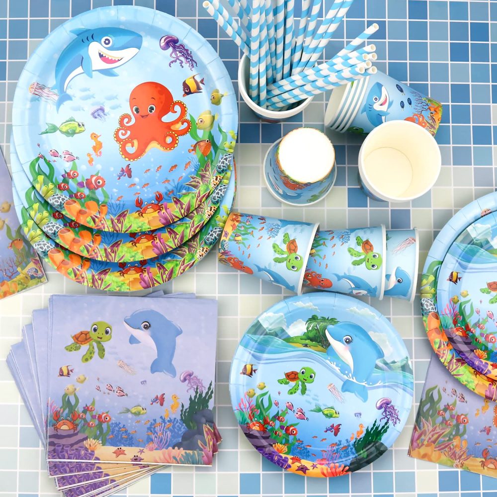 Under the Sea Party Supplies - Ocean Sea Party Tableware - Plates Cups Napkins Tablecloth Backdrop Balloons Cake Toppers for Underwater World Birthday Party Decorations, Serves 20 - Image 5