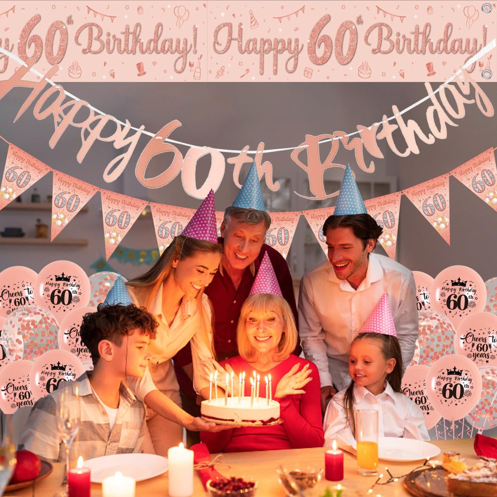 60th Birthday Decorations for Women - 44PCS Rose Gold Latex Confetti Balloons Triangle Flag Sash Decor Happy 60th Birthday Courtyard Banner Party Decoration Kit Supplies for Family Friends - Image 3