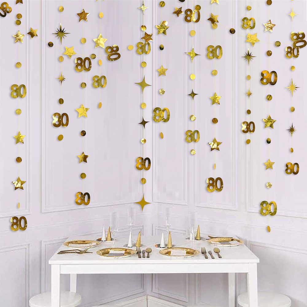 Gold 80th Birthday Party Decorations Number 80 Circle Dot Twinkle Star Garland Metallic Hanging Streamer Bunting Banner Backdrop 80 Year Old Women and Mens Birthday Eighty Anniversary Party Supplies - Image 3
