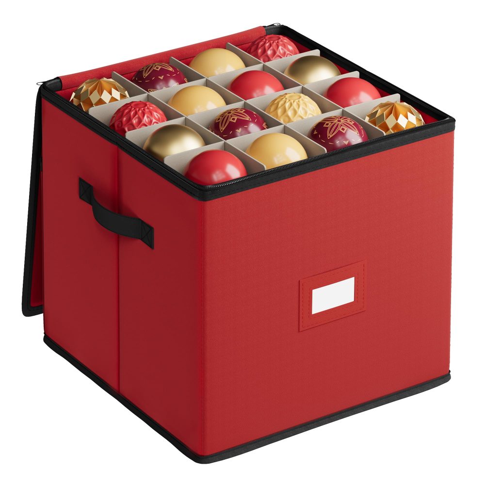 SONGMICS Christmas Decoration Storage Box, 7.6 cm 64 Slots, Stackable Christmas Bauble Storage Box with Lid, Dual Zippers, Adjustable Dividers, Non-Woven Fabric, Cherry Red RFB036R01