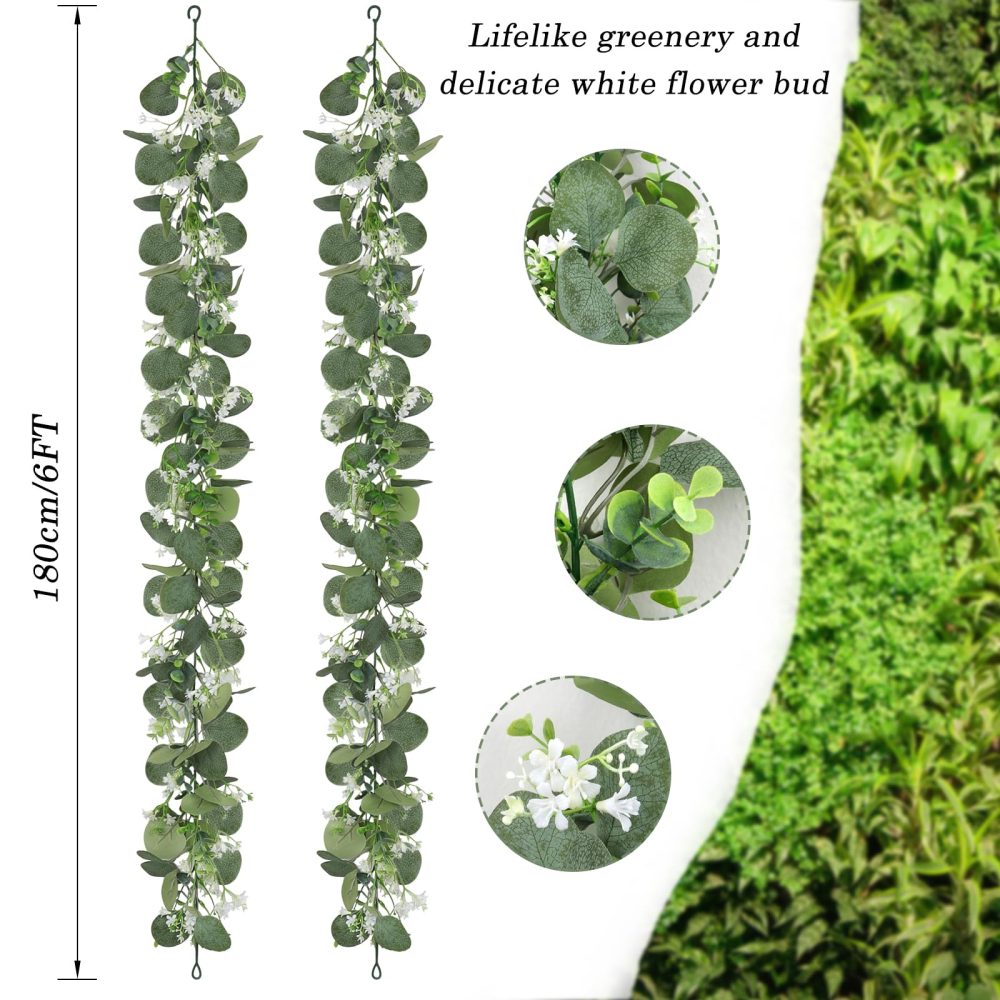 Weldomcor 2Pcs Greenery Garland Artificial Eucalyptus Leaves Garland 6Ft Green Leaves Garland with White Flowers, Hanging Ivy Garland for Wedding Arch Backdrop Home Table Indoor Outdoor Decor - Image 6