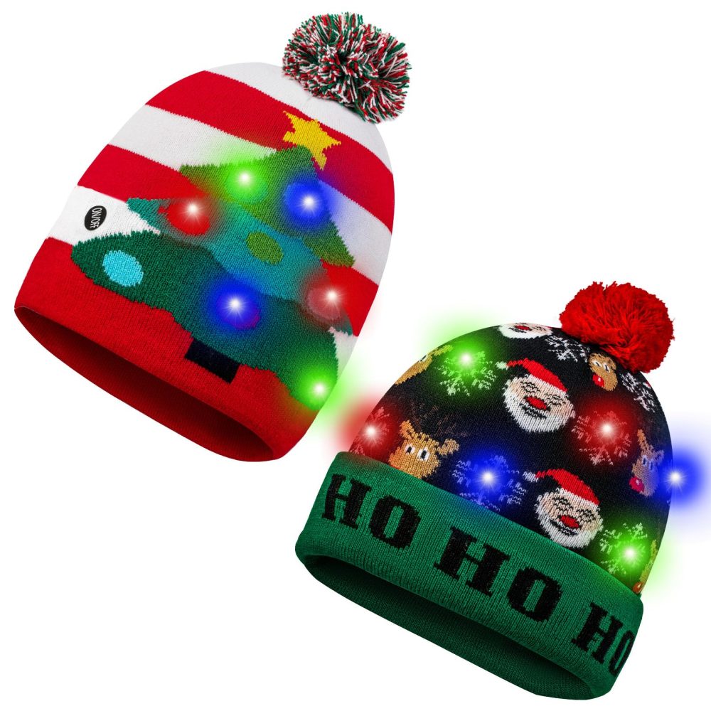 SHOKUTO 2Pcs Christmas LED Light Up Hat, Xmas Beanie Knitted Hat, 6 Colorful LED Unisex Novelty LED Christmas Hat Ugly Sweater Holiday Beanie Cap for Children and Adult