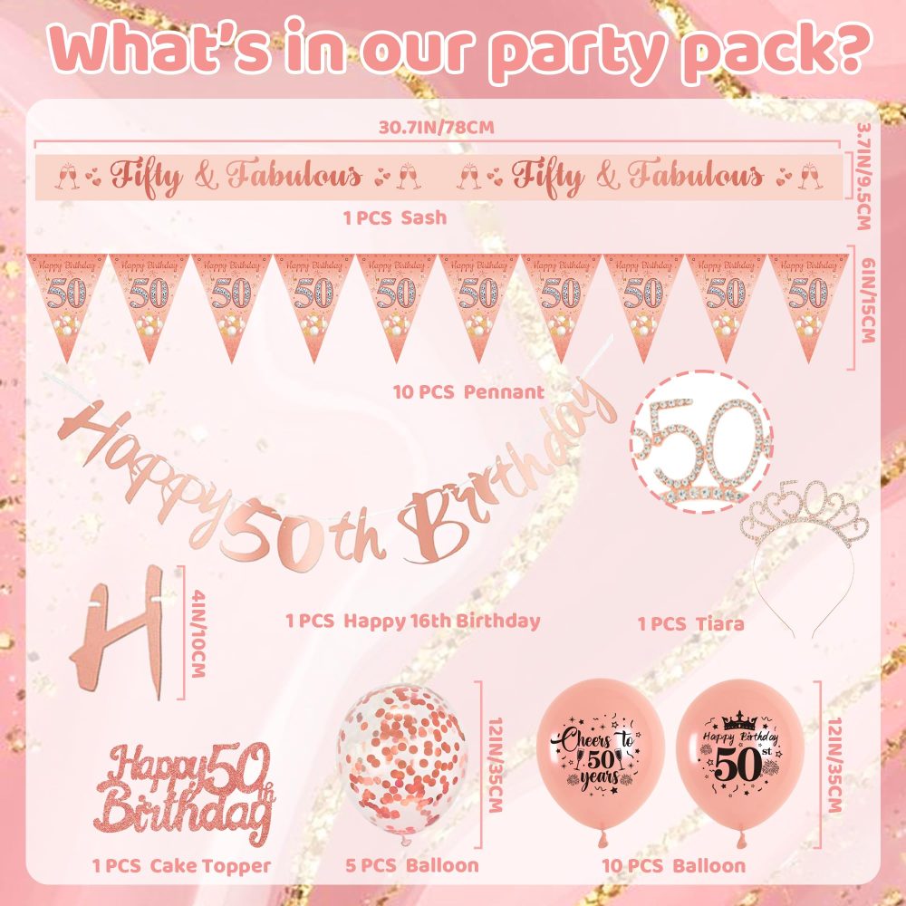50th Birthday Decorations for Women - Rose Gold Happy 50th Birthday Banner Cake Topper Triangle Flag Sash Tiara Latex Confetti Balloons Party Decorations for Women Party Supplies - Image 7