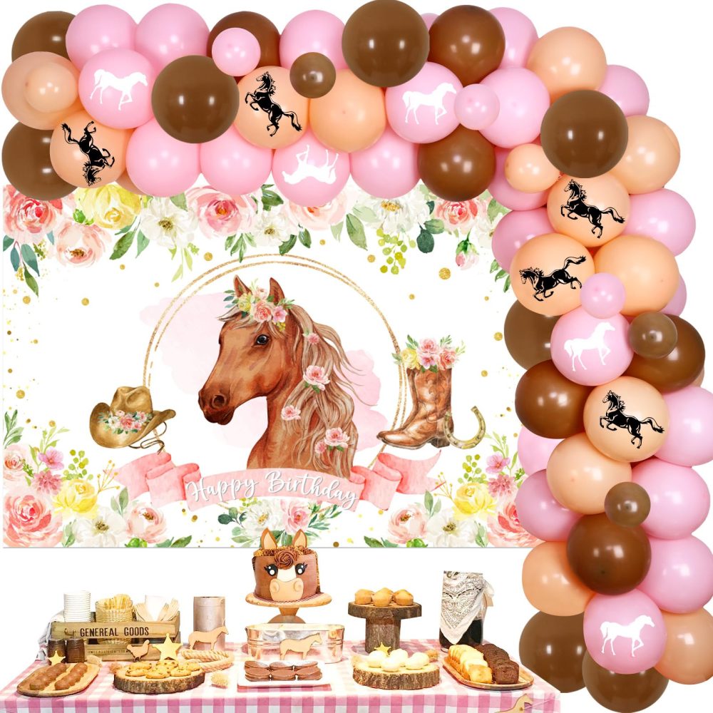 Horse Balloon Garland Arch Kit, Pink Floral Horse Photo Backdrop for Girls, Racing Horse Balloons, Horse Western Cowgirl Theme Birthday Wedding Party Supplies