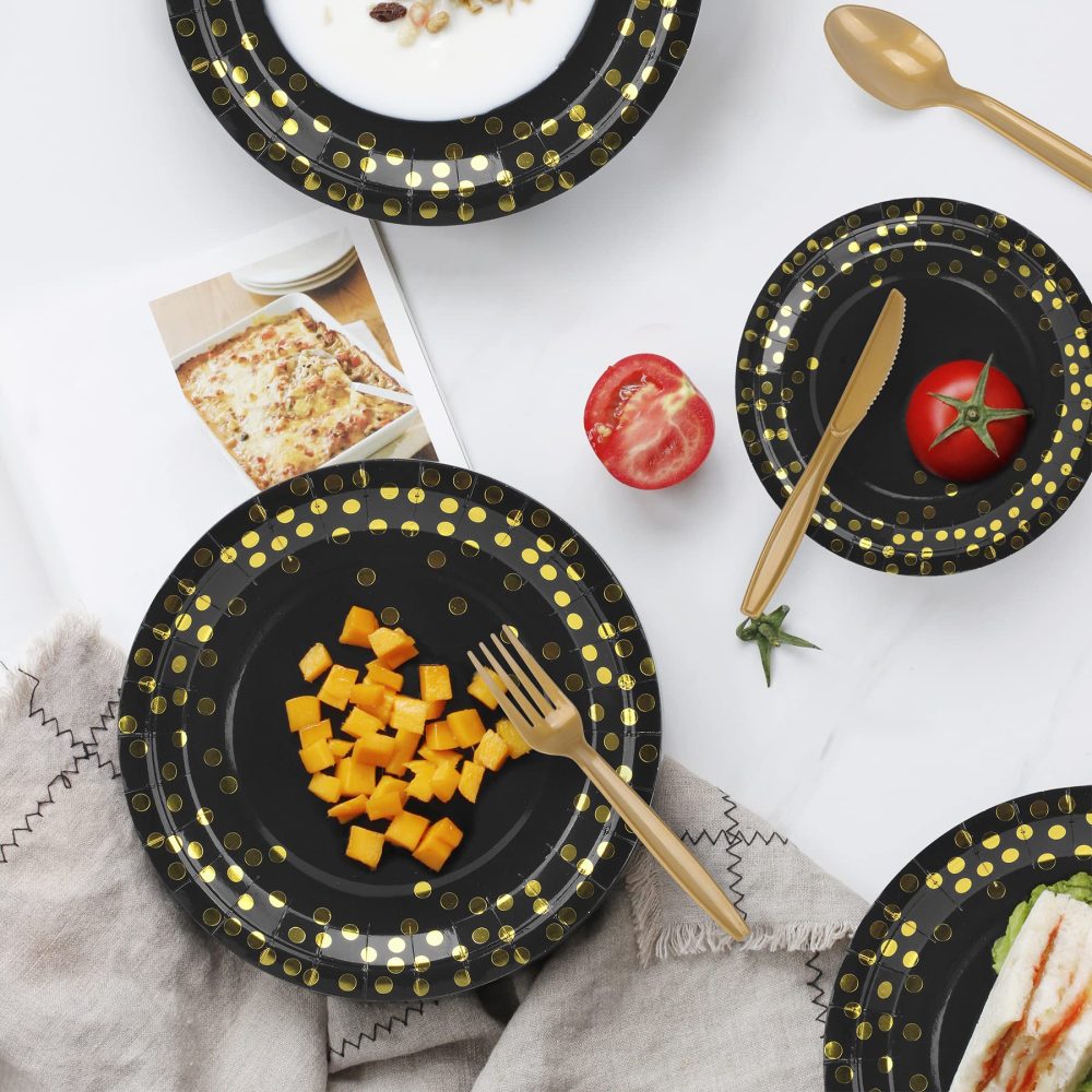202pcs Eco-Friendly Gold & Black Party Paper Plates and Cutlery Napkins Cups Tablecloth Banner Supplies Set, Tableware Dinnerware Dining Sets for Wedding Birthday Anniversary Graduation Decorations - Image 7
