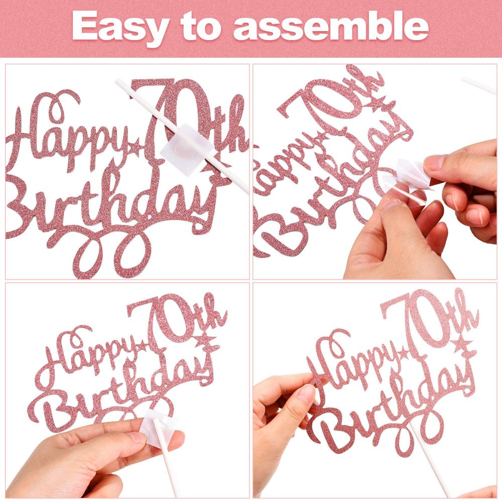 Boao Cake Topper Set, Happy 70th Birthday Cake Topper with Heart Star Cupcake Picks Glitter Cake Decoration for Birthday Party Cake Supplies, Rose Gold - Image 2