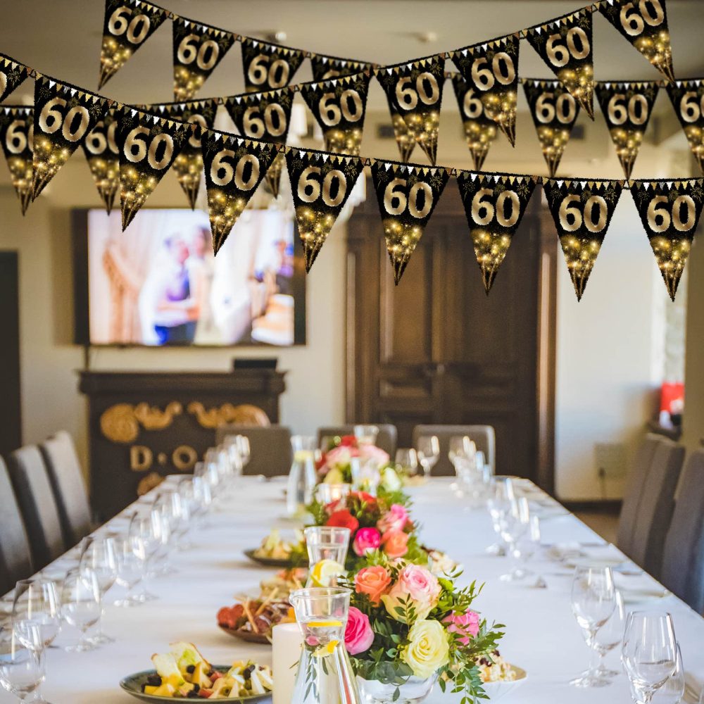 40Pcs Happy 60th Birthday Banner Bunting Flags Gold and Black Glitter 60th Birthday Anniversary Party Decoration Supplies,60th Birthday Triangle Flag Banners for Men Women - Image 4