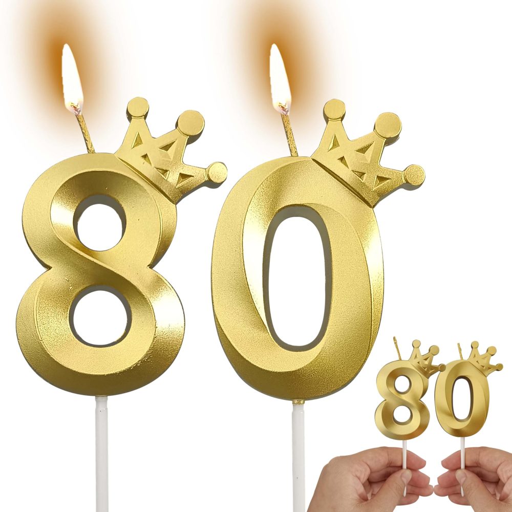 2 Piece Gold Birthday Candles Number 80 Candle is Perfect for The 80th Birthday Decorations, Number Candles for Cakes is Perfect Candles (Gold, 80)