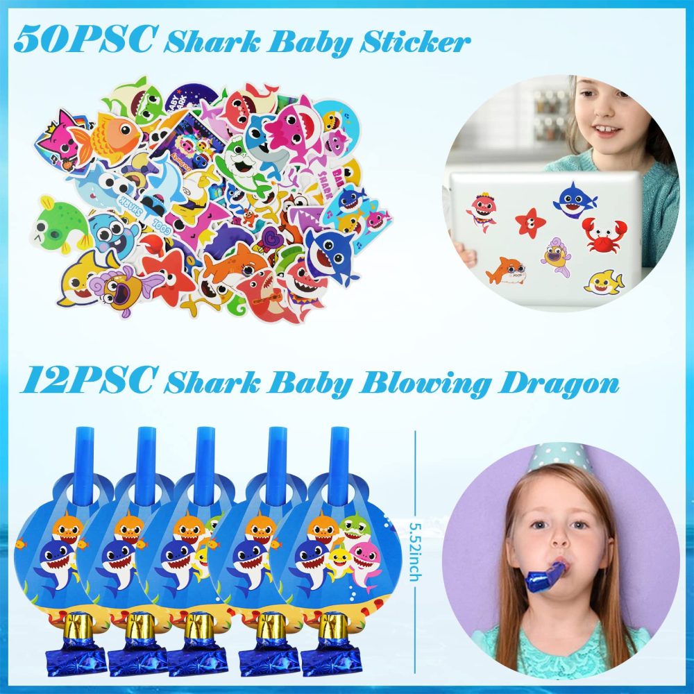 Baby Shark Party Favor Bags and Party Toy Stuffing Including 10 Goodie Bags 10 Shark Mask 10 Bracelet 50 Sticker 10 Baby Shark Keychain for Kid's Birthday Party Supplies and Kids Return Present - Image 5