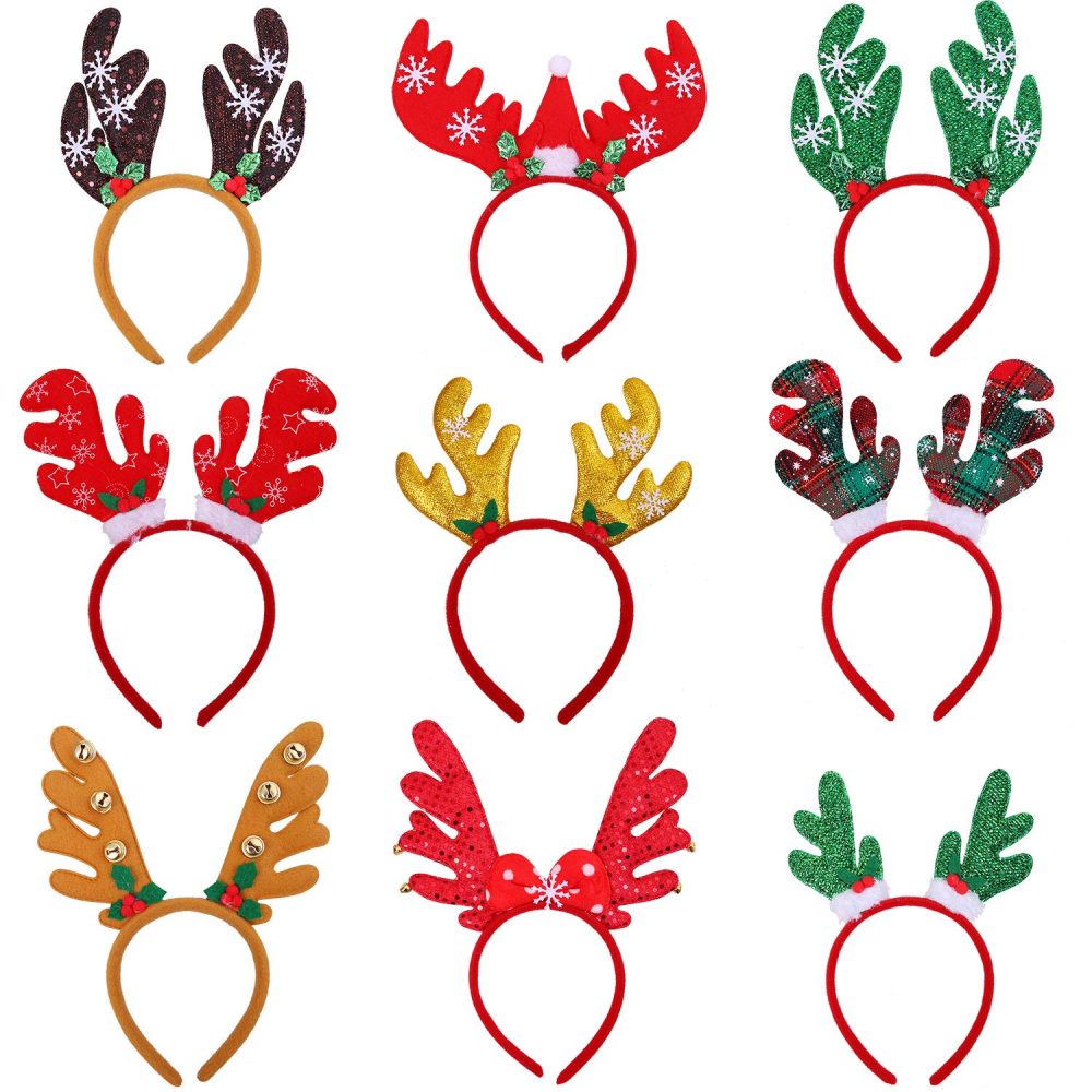 ANECO 9 Styles Christmas Reindeer Headband Antlers Headband Christmas Party Costume Head Boppers for Christmas Party Favor, 9 Pack