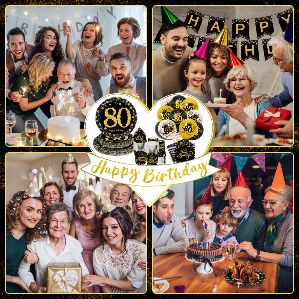 80th Birthday Decorations Party Tableware Set, Black Gold 80th Birthday Paper Party Plates Cups Napkins Tablecloth Balloons for Women Men 80th Birthday Party Decorations Table Supplies, 16 Guests - Image 2