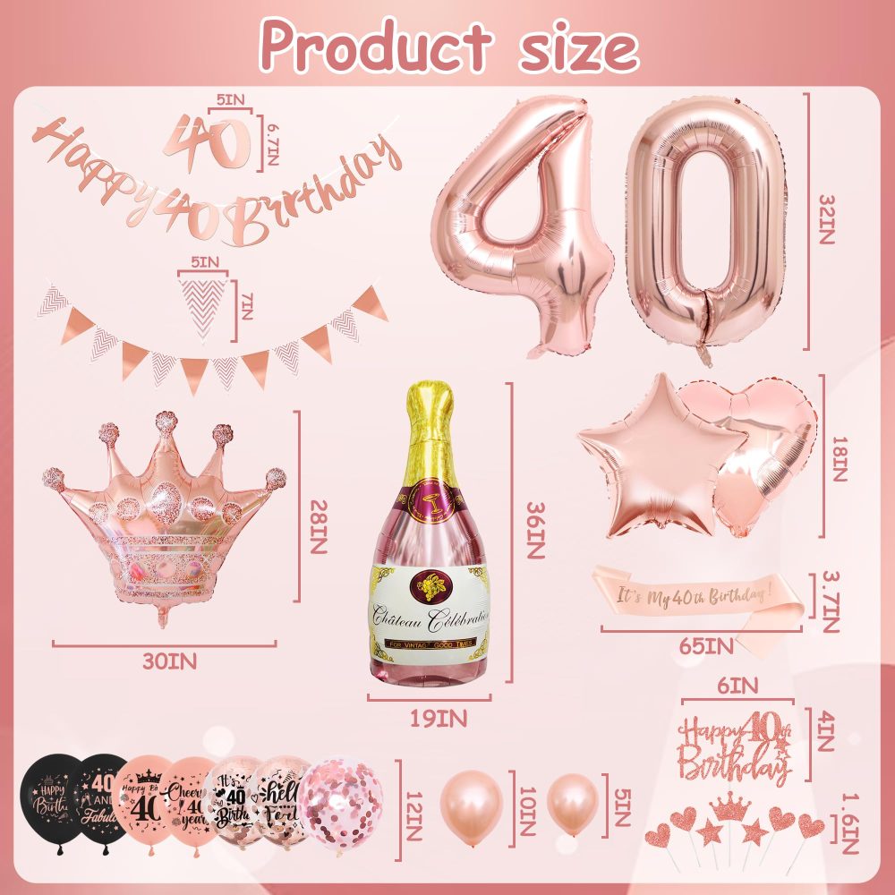 40th Birthday Decorations for Women - Rose Gold Balloons - 40th Rose Gold Birthday Decorations, Banner, Cake Topper, Cupcake Topper - Birthday Party Supplies Kit - Image 6