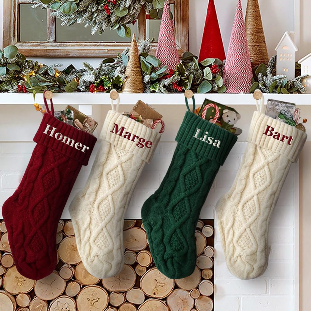 Personalised Christmas Stockings Custom Name Christmas Stockings 18” Large Knit Knitted Family Xmas Stocking for Kids Rustic Farmhouse Fireplace Hanging Ornament Christmas Holiday Party Decoration