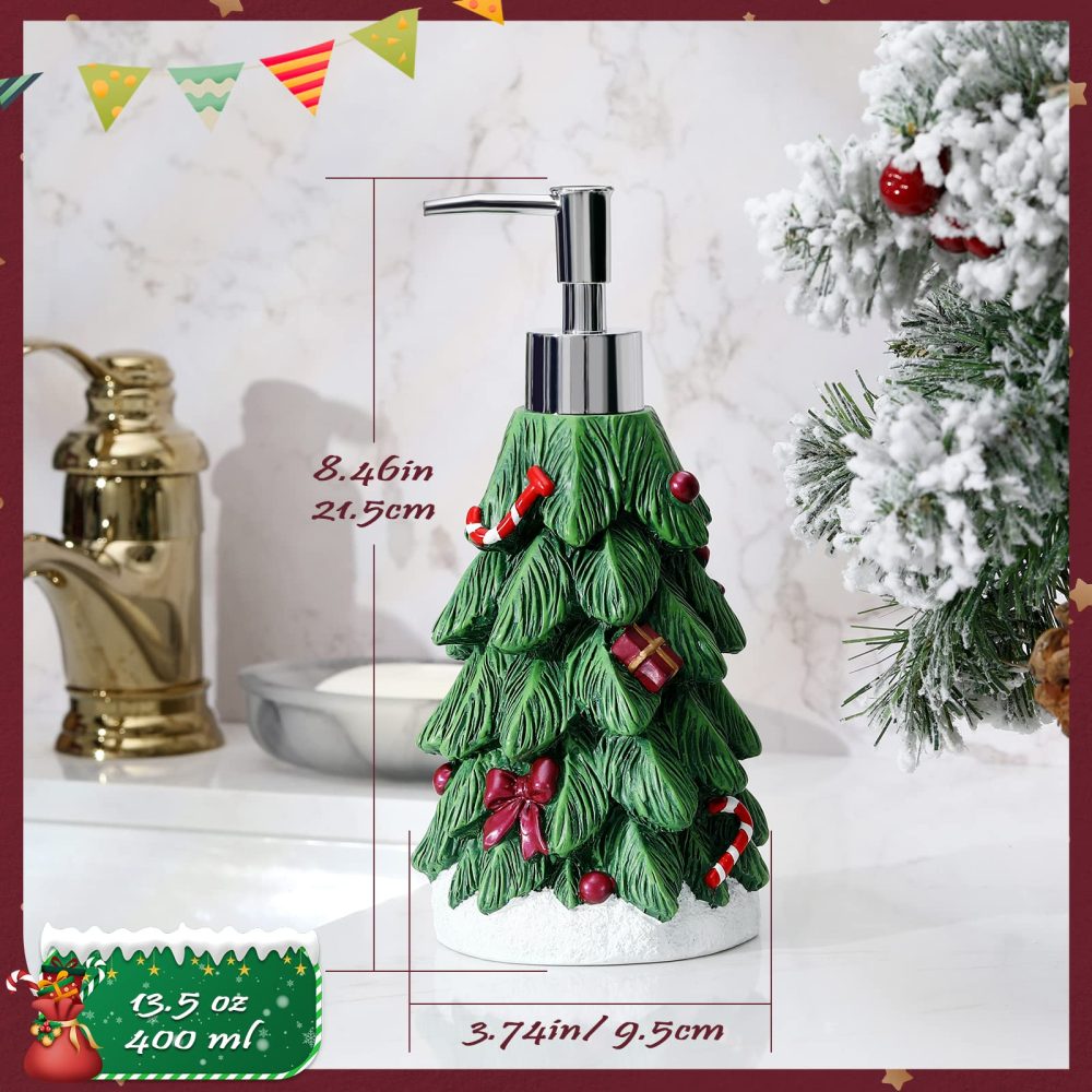 Emibele Christmas Tree Lotion Dispenser, Resin Hand Soap Shampoo Shower Gel Dispenser Bottle, Refillable leak Proof Decorative Pump Bottle for Bathroom Kitchen Countertop 13.5oz/400ml, Green - Image 3