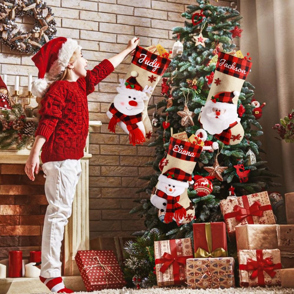 Bemaystar Personalized Christmas Stockings - 18'' Custom Christmas Stockings with Names, Embroidery Burlap Plaid Xmas Stockings Personalized Decoration Gifts for Family Kids Christmas Holiday Party - Image 2