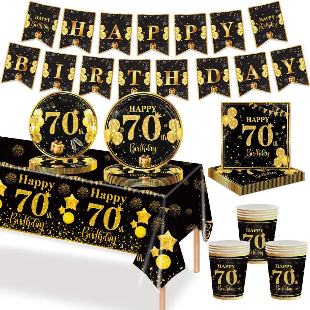 MORAINJAY 70Pcs 70th Birthday Tableware Black Gold,70th Birthday Cups Plates Napkins Tablecloth Paper Banner,70th Birthday Table Decoration Set for Men Women 70th Birthday Party Supplies(16 Guests)