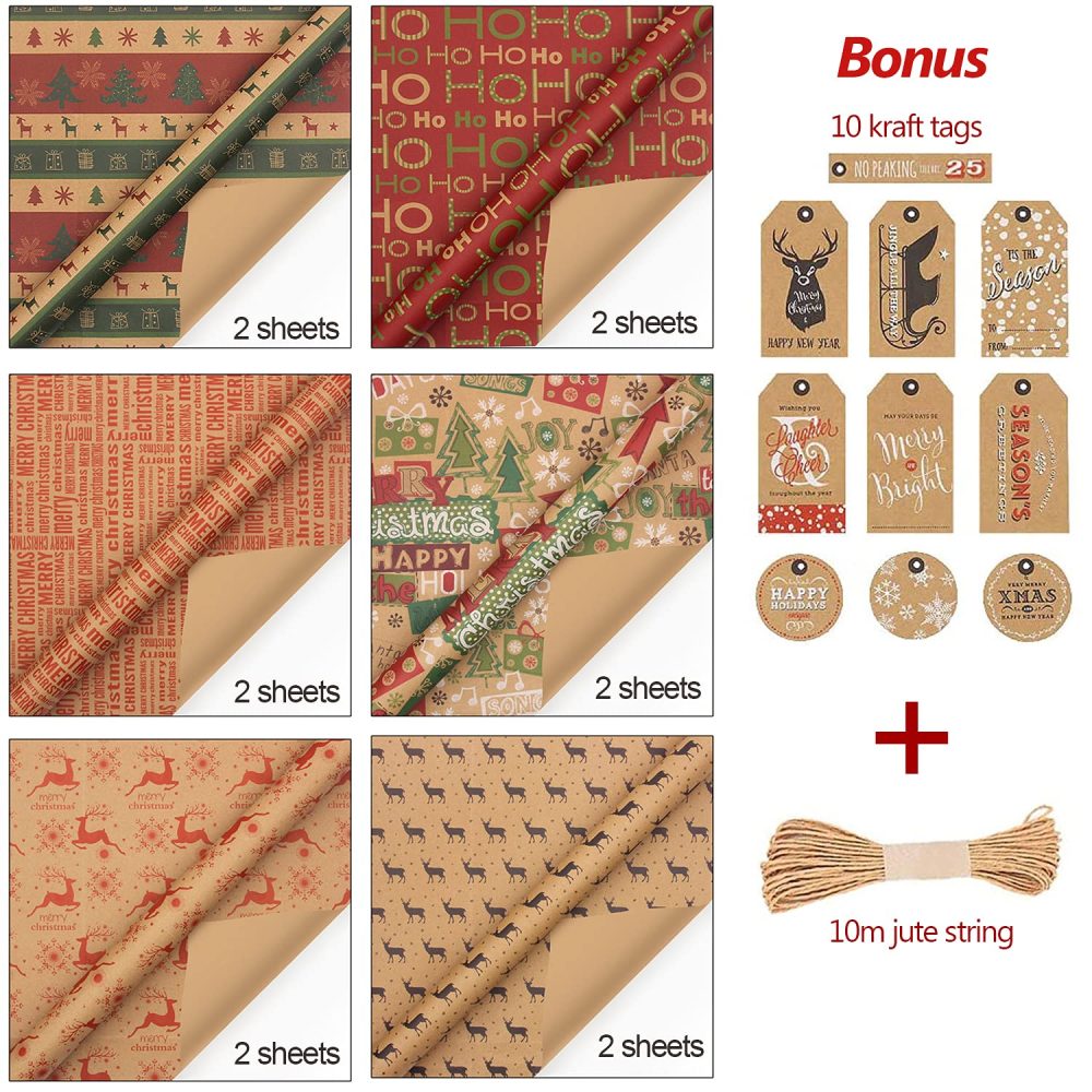 Christmas Wrapping Paper, Made from Recycled Kraft Paper, 12 Folded Sheets 70x50cm with 6 Vintage Designs (Bonus 10m Jute String and 10 Tags) - Image 6