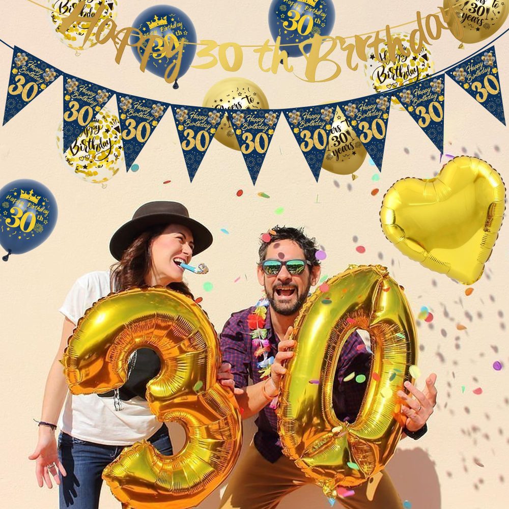 30th Birthday Decorations for Men - Blue and Gold 30th Birthday Banners Pennant Cake Topper Latex Balloon Number Balloon Heart Foil Balloon Suitable for 30th Birthday Party Supplies - Image 4
